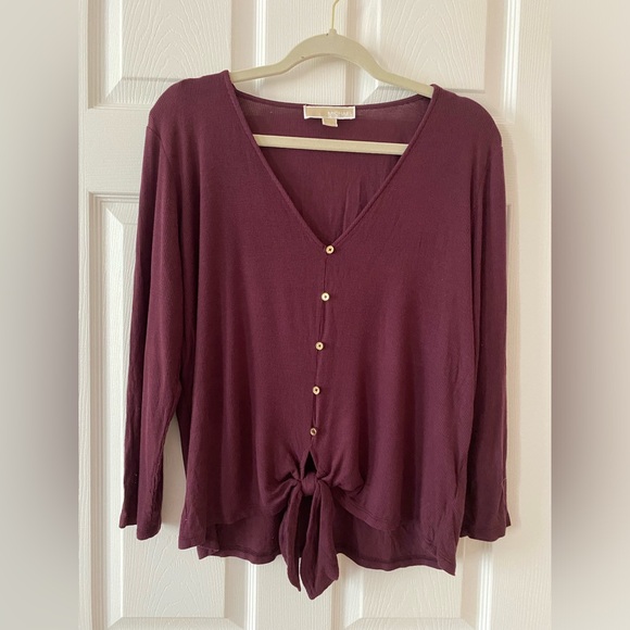 Like new Michael by Michael Kors button down tie front burgundy 3/4sleeve blouse - Picture 1 of 9